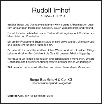 Traueranzeige von Rudolf Imhof von Siegener Zeitung