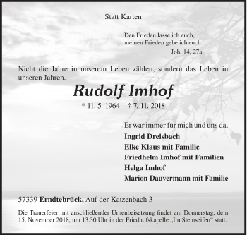 Traueranzeige von Rudolf Imhof von Siegener Zeitung