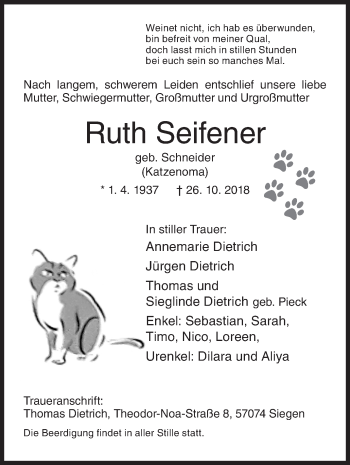 Traueranzeige von Ruth Seifener von Siegener Zeitung
