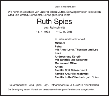 Traueranzeige von Ruth Spies von Siegener Zeitung