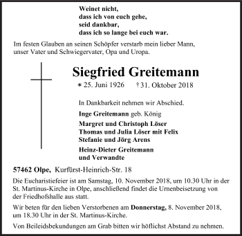 Traueranzeige von Siegfried Greitemann von Siegener Zeitung