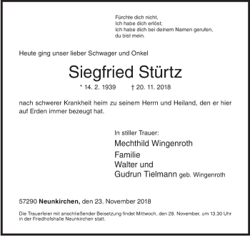 Traueranzeige von Siegfried Stürtz von Siegener Zeitung