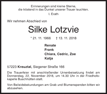 Traueranzeige von Silke Lotzvie von Siegener Zeitung