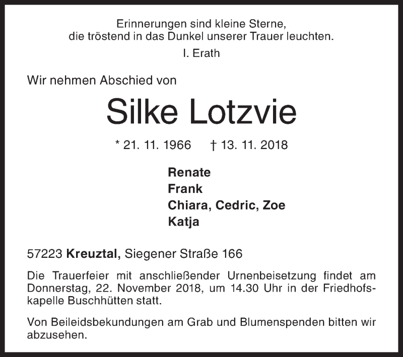 Traueranzeige für Silke Lotzvie vom 17.11.2018 aus Siegener Zeitung