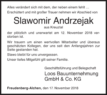 Traueranzeige von Slawomir Andrzejak von Siegener Zeitung