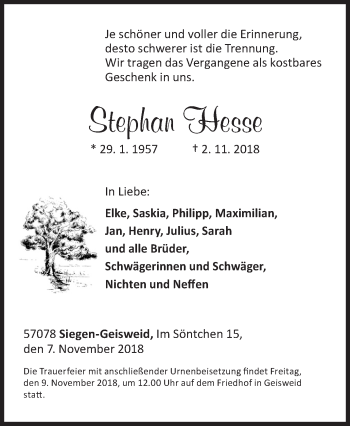 Traueranzeige von Stephan Hesse von Siegener Zeitung