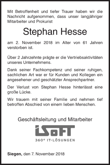 Traueranzeige von Stephan Hesse von Siegener Zeitung
