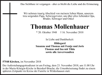 Traueranzeige von Thomas Mollenhauer von Siegener Zeitung