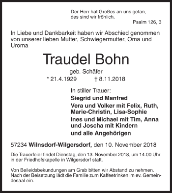 Traueranzeige von Traudel Bohn von Siegener Zeitung