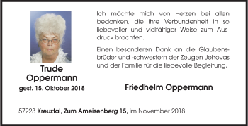 Traueranzeige von Trude Oppermann von Siegener Zeitung