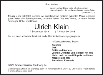 Traueranzeige von Ulrich Klein von Siegener Zeitung