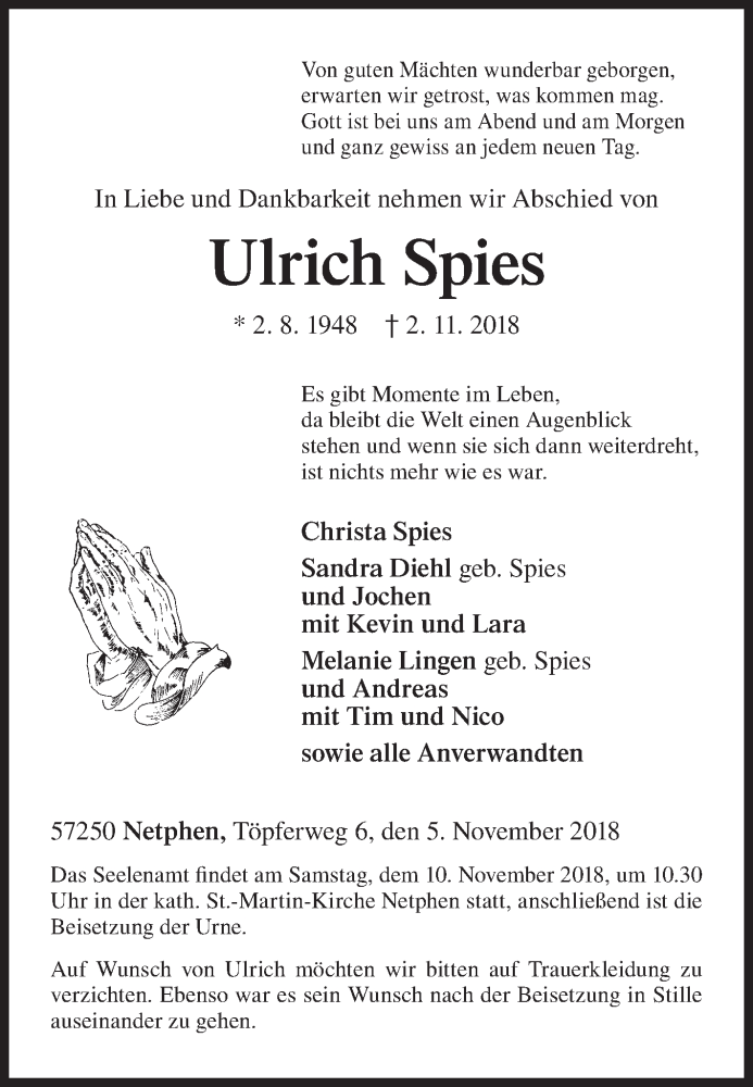  Traueranzeige für Ulrich Spies vom 05.11.2018 aus Siegener Zeitung