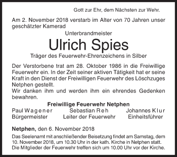 Traueranzeige von Ulrich Spies von Siegener Zeitung