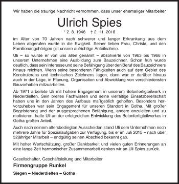 Traueranzeige von Ulrich Spies von Siegener Zeitung