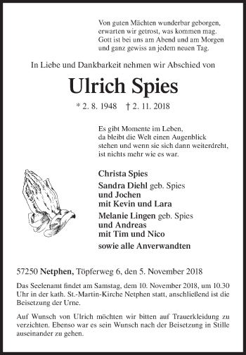 Traueranzeige von Ulrich Spies von Siegener Zeitung