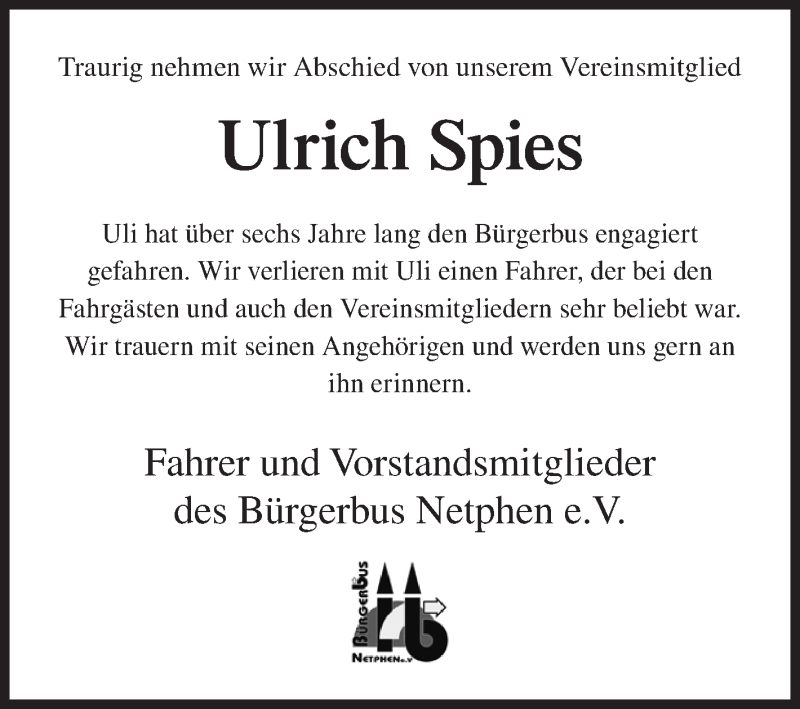  Traueranzeige für Ulrich Spies vom 05.11.2018 aus Siegener Zeitung