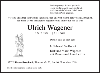 Traueranzeige von Ulrich Wagener von Siegener Zeitung