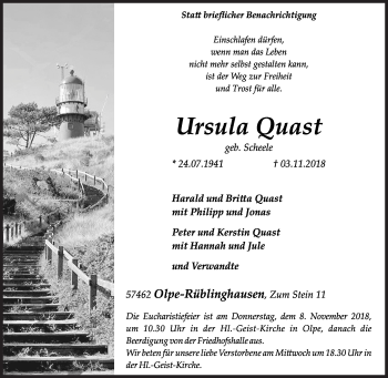 Traueranzeige von Ursula Quast von Siegener Zeitung