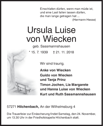 Traueranzeige von Ursula Luise von Wiecken von Siegener Zeitung