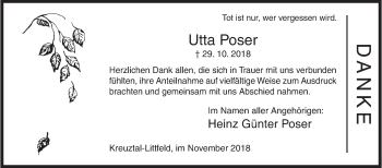 Traueranzeige von Utta Poser von Siegener Zeitung