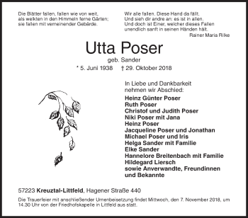 Traueranzeige von Utta Poser von Siegener Zeitung