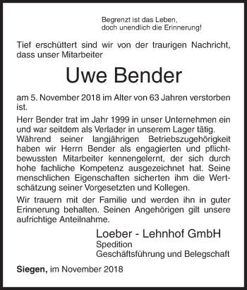 Traueranzeige von Uwe Bender von Siegener Zeitung