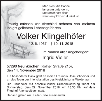 Traueranzeige von Volker Klingelhöfer von Siegener Zeitung