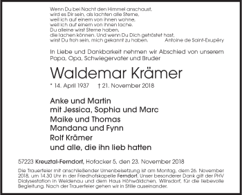 Traueranzeige von Waldemar Krämer von Siegener Zeitung