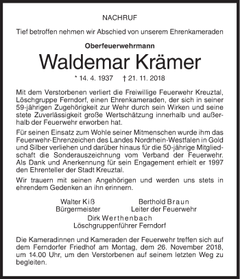 Traueranzeige von Waldemar Krämer von Siegener Zeitung