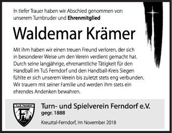 Traueranzeige von Waldemar Krämer von Siegener Zeitung