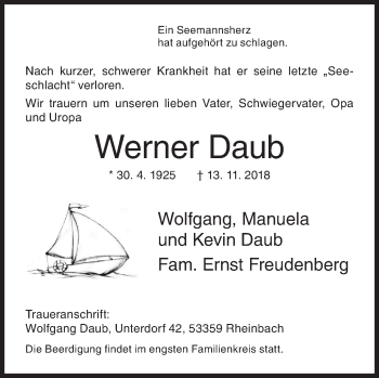Traueranzeige von Werner Daub von Siegener Zeitung
