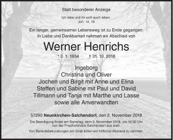 Traueranzeige von Werner Henrichs von Siegener Zeitung