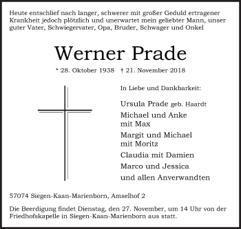 Traueranzeige von Werner Prade von Siegener Zeitung