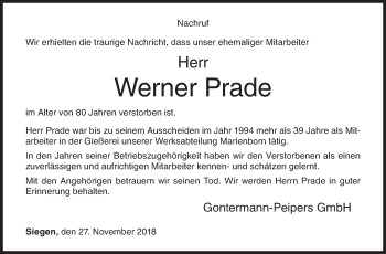 Traueranzeige von Werner Prade von Siegener Zeitung