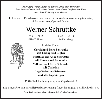 Traueranzeige von Werner Schruttke von Siegener Zeitung