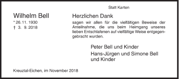 Traueranzeige von Wilhelm Bell von Siegener Zeitung