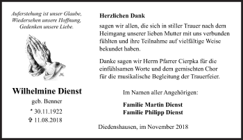 Traueranzeige von Wilhelmine Dienst von Siegener Zeitung