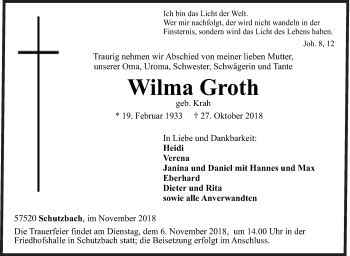 Traueranzeige von Wilma Groth von Siegener Zeitung
