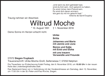 Traueranzeige von Wiltrud Moche von Siegener Zeitung