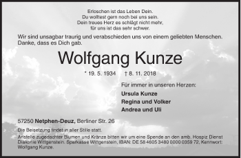 Traueranzeige von Wolfgang Kunze von Siegener Zeitung