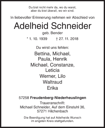 Traueranzeige von Adelheid Schneider von Siegener Zeitung