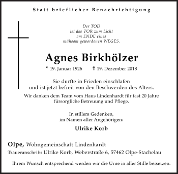 Traueranzeige von Agnes Birkhölzer von Siegener Zeitung