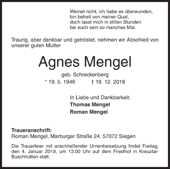 Traueranzeige von Agnes Mengel von Siegener Zeitung
