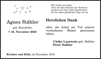 Traueranzeige von Agnes Stähler von Siegener Zeitung