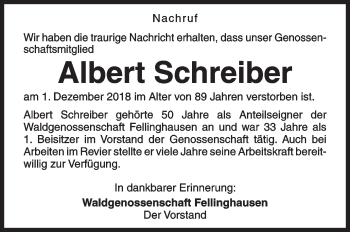 Traueranzeige von Albert Schreiber von Siegener Zeitung