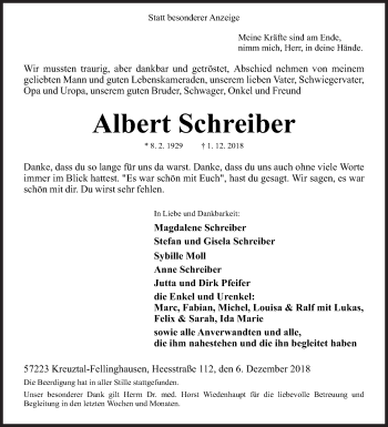 Traueranzeige von Albert Schreiber von Siegener Zeitung