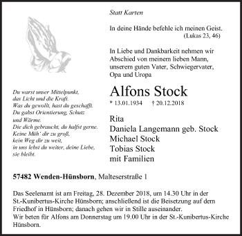 Traueranzeige von Alfons Stock von Siegener Zeitung