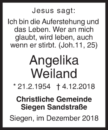 Traueranzeige von Angelika Weiland von Siegener Zeitung