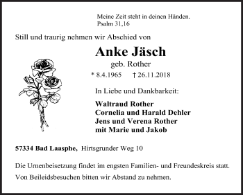 Traueranzeige von Anke Jäsch von Siegener Zeitung