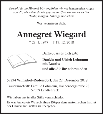 Traueranzeige von Annegret Wiegard von Siegener Zeitung